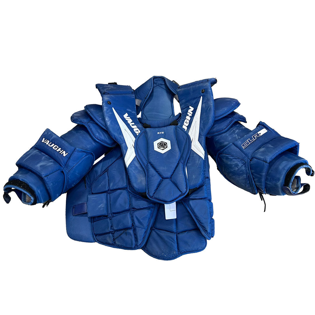 Vaughn SLR3 Pro Carbon - Plastron de gardien de but Pro d'occasion (bleu/blanc)